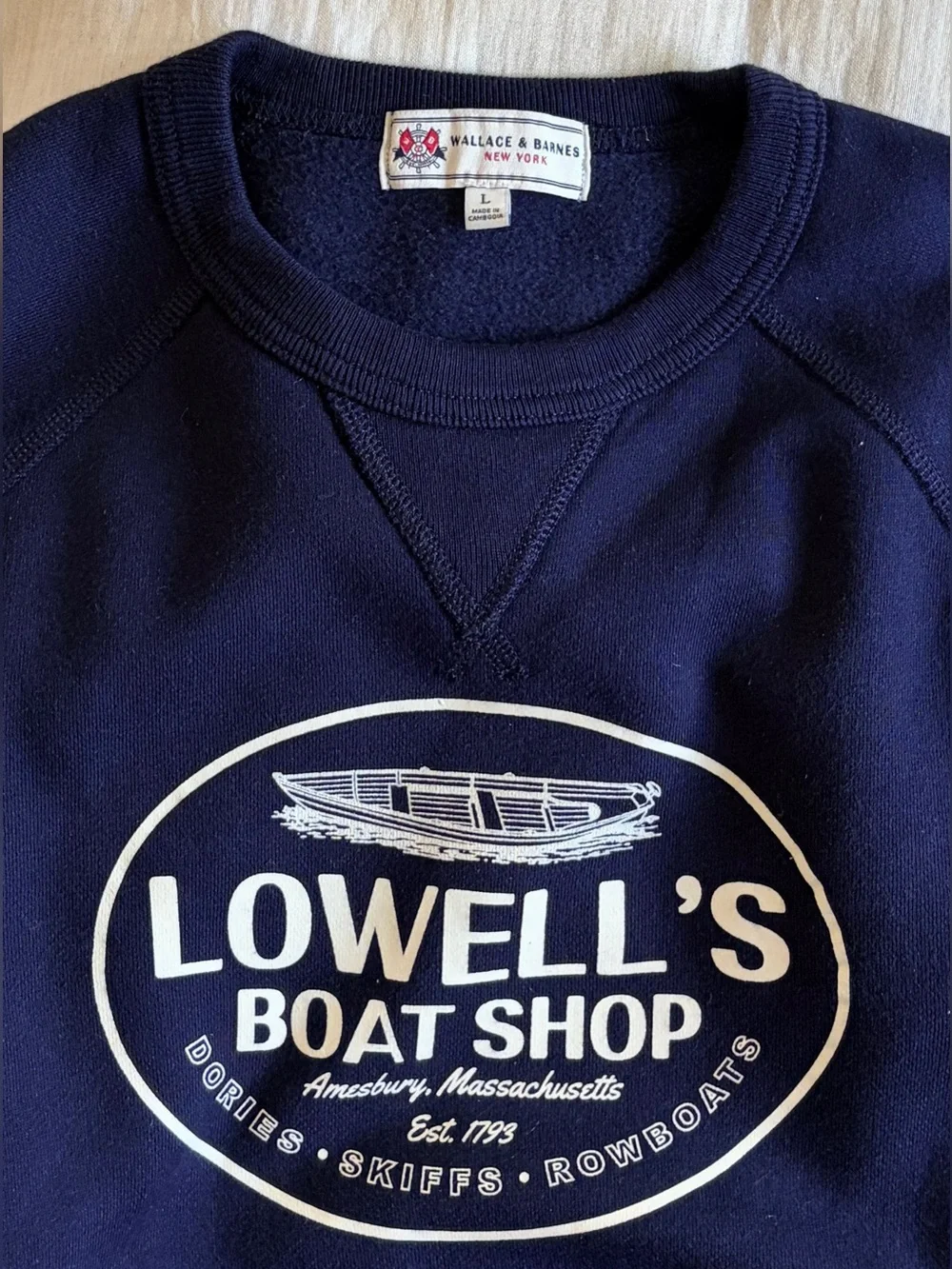 J Crew WALLACE & BARNES Navy “Lowell Boat Shop” Sweatshirt - Large